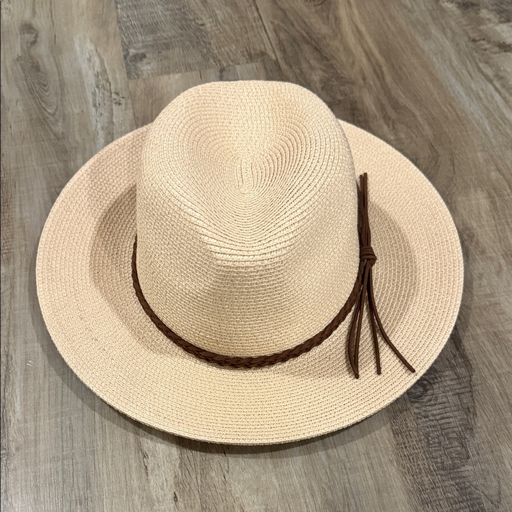 Women’s Cream Straw Fedora Hat with Brown Braided Band